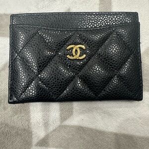 CHANEL Black Quilted Card Holder with Gold Logo